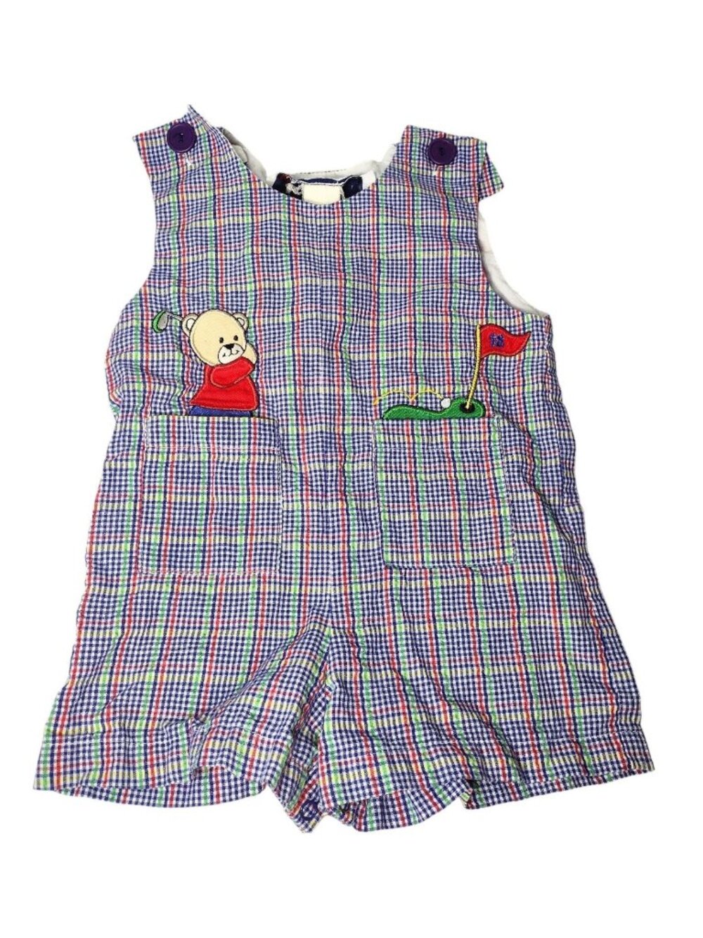 Samara 80s Infant Seersucker Golf Bear Romper 6-12mo Embroidered Vintage Plaid